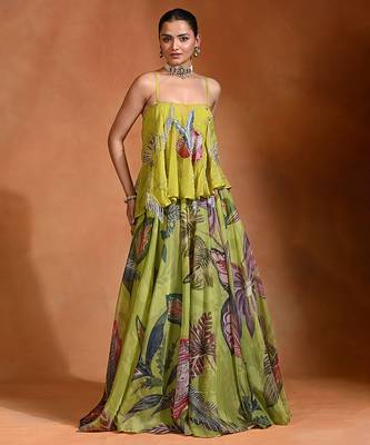 Lime Green Floral Printed Organza Lehenga Set 1