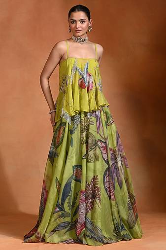 Lime Green Floral Printed Organza Lehenga Set