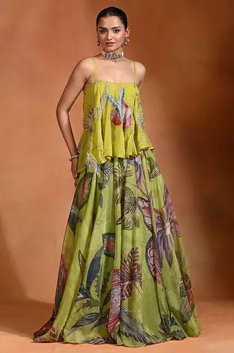 Lime Green Floral Printed Organza Lehenga Set