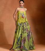 Lime Green Floral Printed Organza Lehenga Set