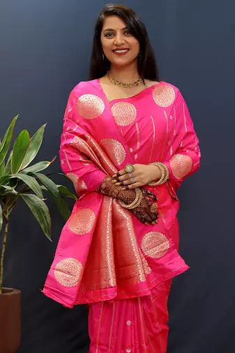 Rani pink banarasi silk blend saree with zari buta & rich pallu