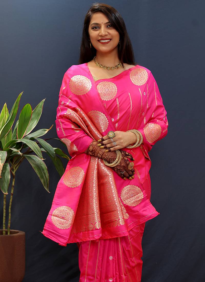 Rani pink banarasi silk blend saree with zari buta & rich pallu