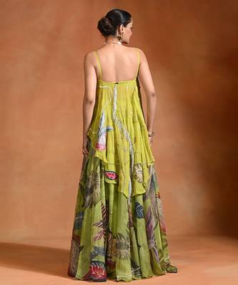 Lime Green Floral Printed Organza Lehenga Set 2