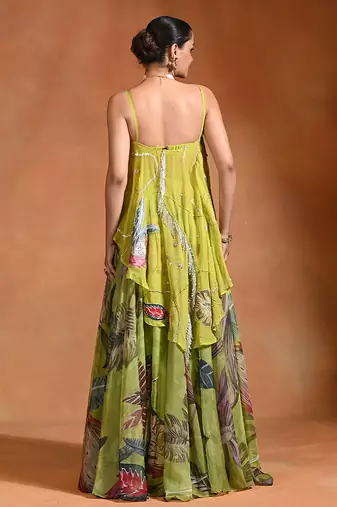 Lime Green Floral Printed Organza Lehenga Set