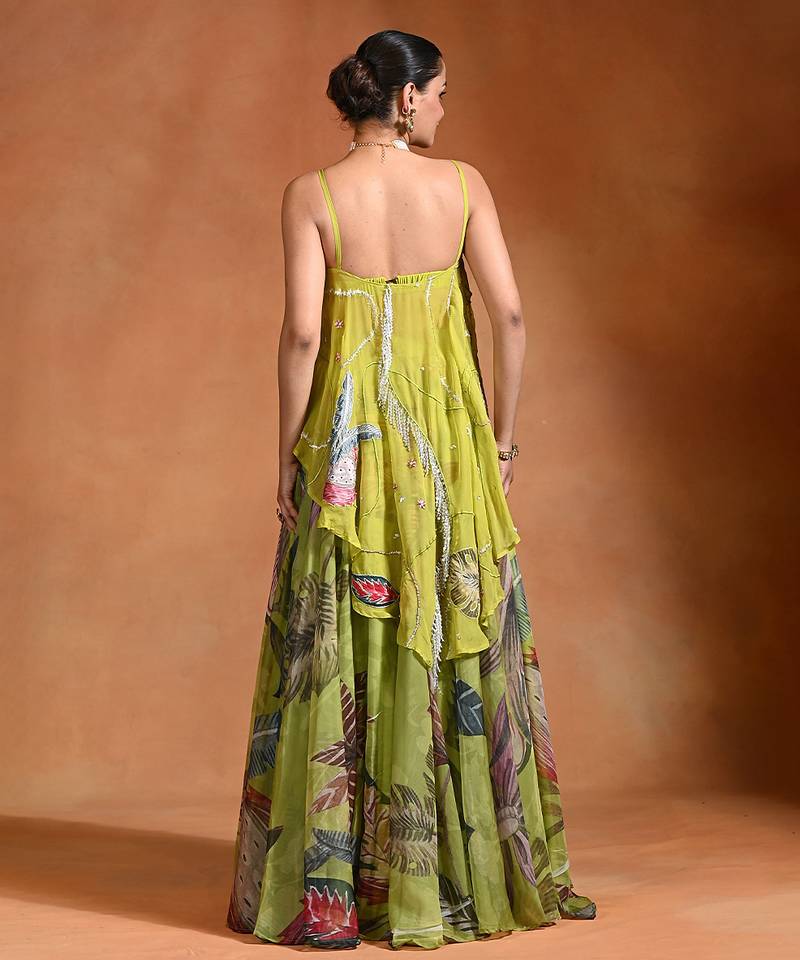 Lime Green Floral Printed Organza Lehenga Set