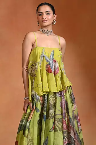 Lime Green Floral Printed Organza Lehenga Set