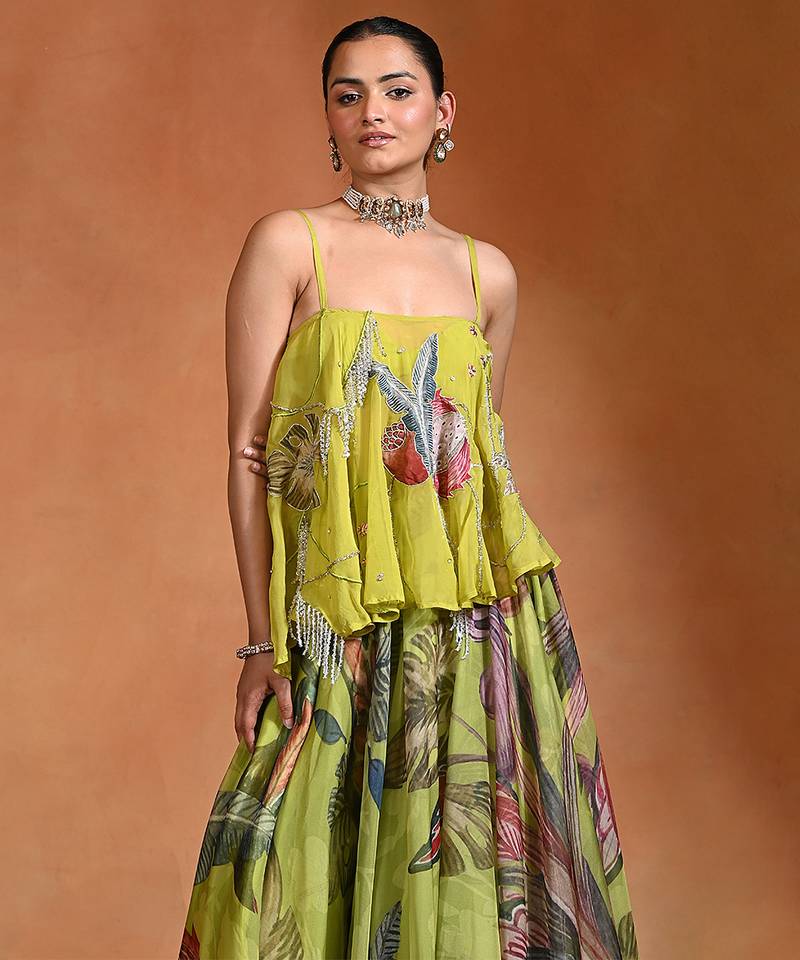 Lime Green Floral Printed Organza Lehenga Set