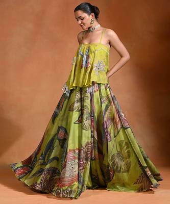 Lime Green Floral Printed Organza Lehenga Set 4