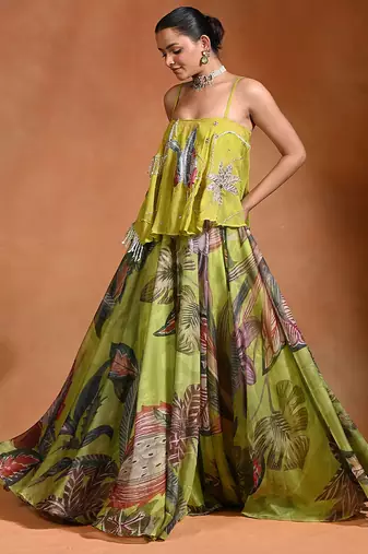 Lime Green Floral Printed Organza Lehenga Set
