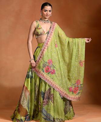 Lime Green Floral Printed Organza Lehenga Set 1