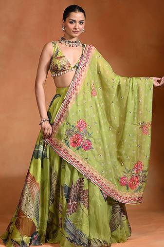 Lime Green Floral Printed Organza Lehenga Set