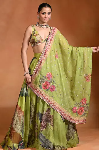 Lime Green Floral Printed Organza Lehenga Set