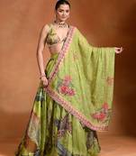 Lime Green Floral Printed Organza Lehenga Set