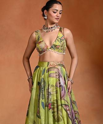 Lime Green Floral Printed Organza Lehenga Set 2