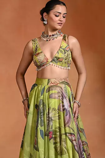 Lime Green Floral Printed Organza Lehenga Set