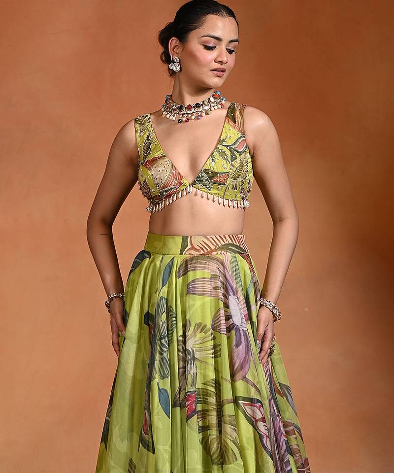 Lime Green Floral Printed Organza Lehenga Set