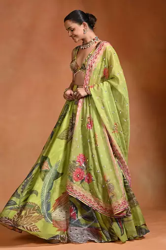 Lime Green Floral Printed Organza Lehenga Set