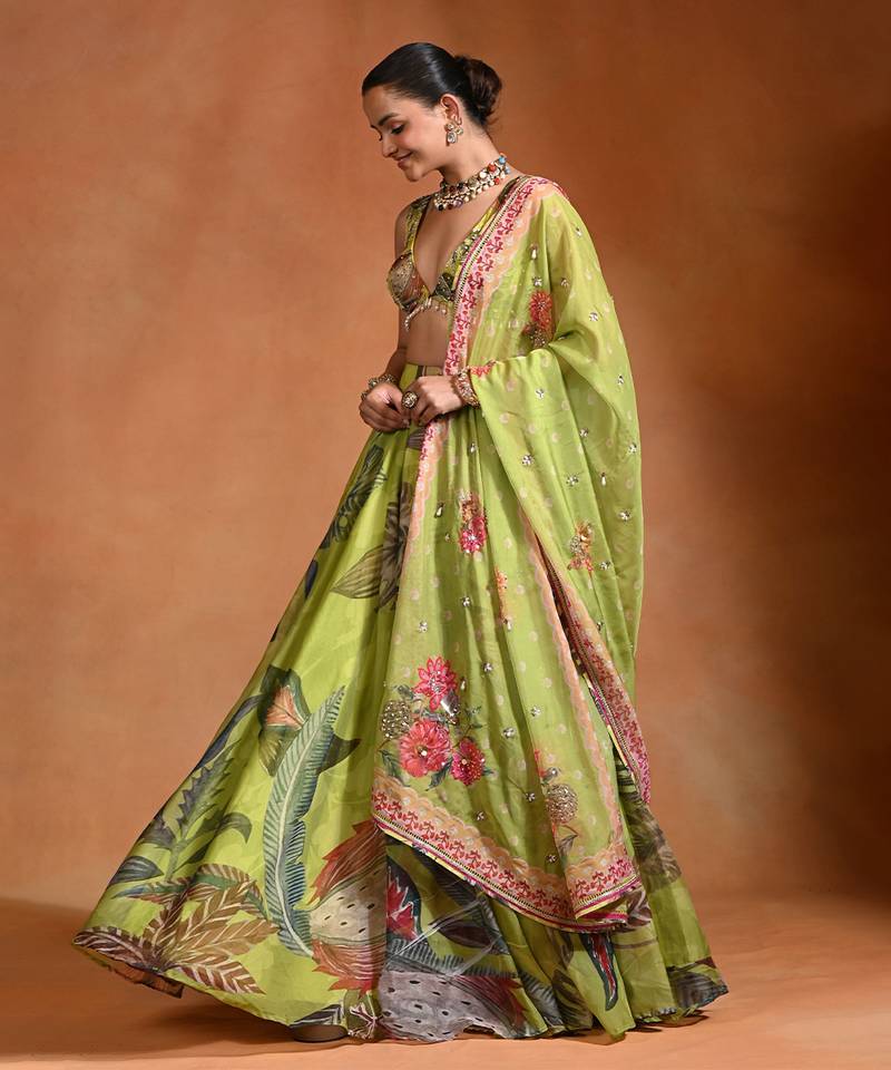 Lime Green Floral Printed Organza Lehenga Set