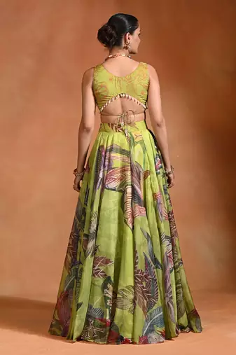 Lime Green Floral Printed Organza Lehenga Set