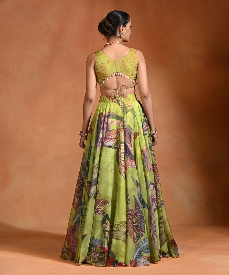 Lime Green Floral Printed Organza Lehenga Set