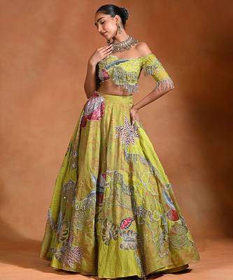 Lime Green Patch Embroidered Organza Lehenga Set 1