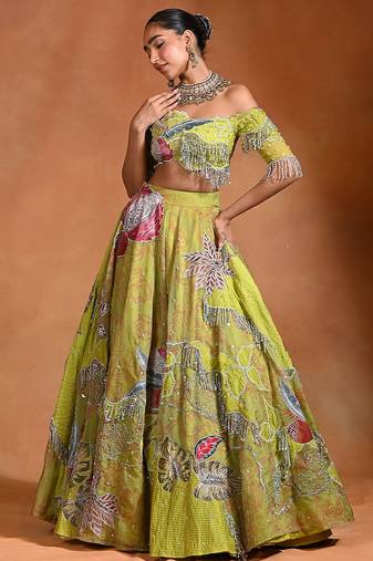Lime Green Patch Embroidered Organza Lehenga Set