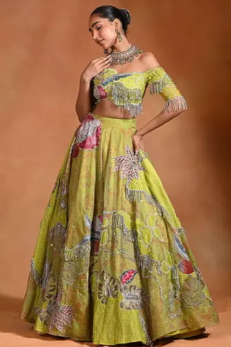 Lime Green Patch Embroidered Organza Lehenga Set