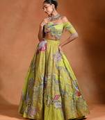 Lime Green Patch Embroidered Organza Lehenga Set
