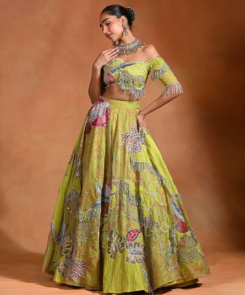 Lime Green Patch Embroidered Organza Lehenga Set