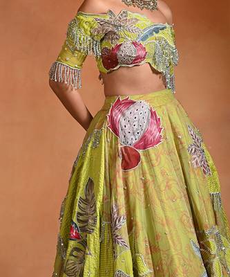 Lime Green Patch Embroidered Organza Lehenga Set 2