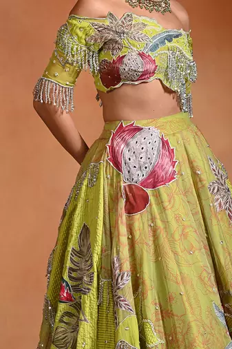 Lime Green Patch Embroidered Organza Lehenga Set
