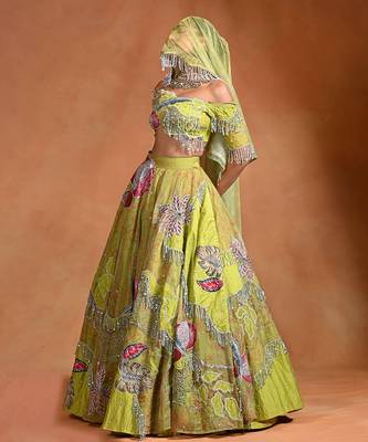 Lime Green Patch Embroidered Organza Lehenga Set 3