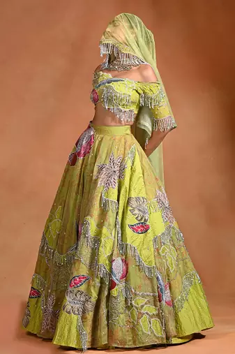 Lime Green Patch Embroidered Organza Lehenga Set