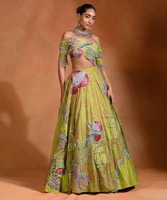 Lime Green Patch Embroidered Organza Lehenga Set 4