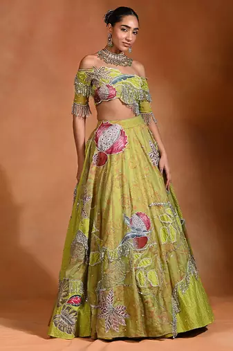 Lime Green Patch Embroidered Organza Lehenga Set