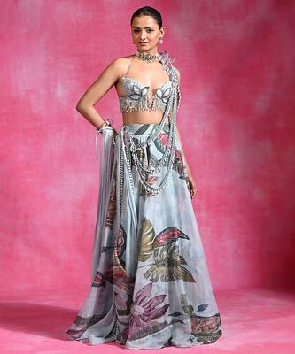 Ice Blue Floral Printed Organza Crepe Lehenga Set 1