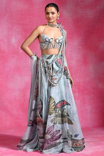 Ice Blue Floral Printed Organza Crepe Lehenga Set