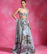 Ice Blue Floral Printed Organza Crepe Lehenga Set