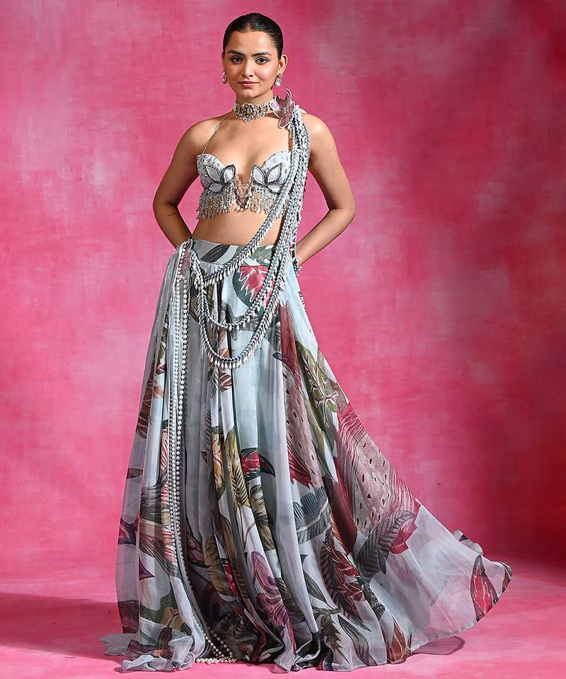 Ice Blue Floral Printed Organza Crepe Lehenga Set