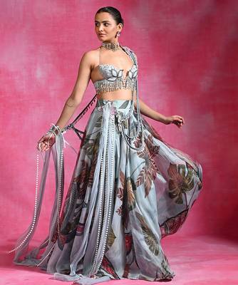 Ice Blue Floral Printed Organza Crepe Lehenga Set 3