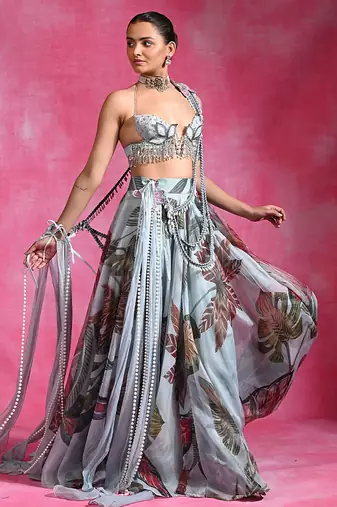 Ice Blue Floral Printed Organza Crepe Lehenga Set