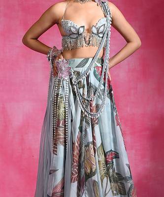 Ice Blue Floral Printed Organza Crepe Lehenga Set 4