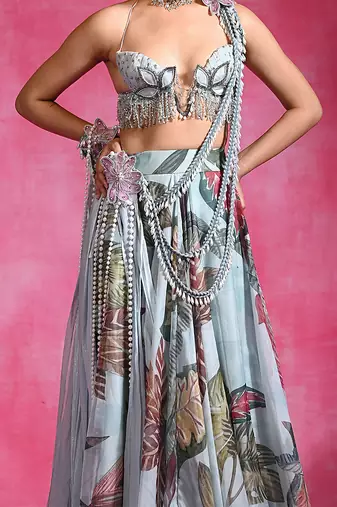 Ice Blue Floral Printed Organza Crepe Lehenga Set