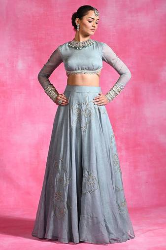 Ice Blue Thread Embroidered Organza Lehenga Set