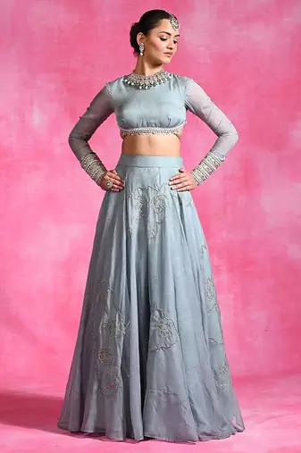 Ice Blue Thread Embroidered Organza Lehenga Set
