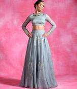 Ice Blue Thread Embroidered Organza Lehenga Set