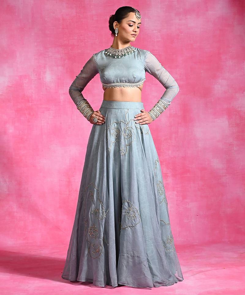 Ice Blue Thread Embroidered Organza Lehenga Set