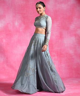 Ice Blue Thread Embroidered Organza Lehenga Set 2