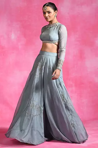 Ice Blue Thread Embroidered Organza Lehenga Set