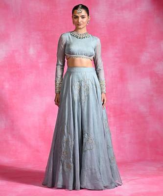 Ice Blue Thread Embroidered Organza Lehenga Set 3